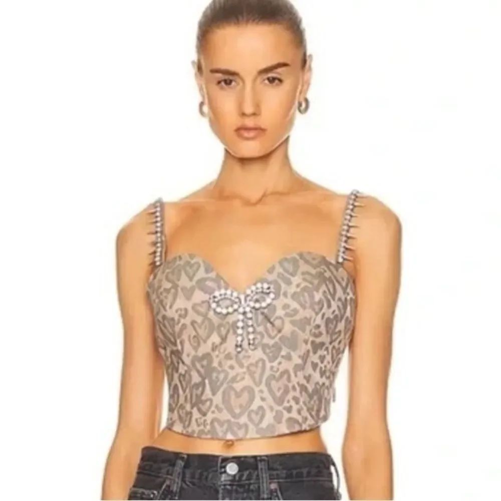 NWT AREA Heart Leopard Crystal Trim Top Spikes Tan Size 12 Revolve